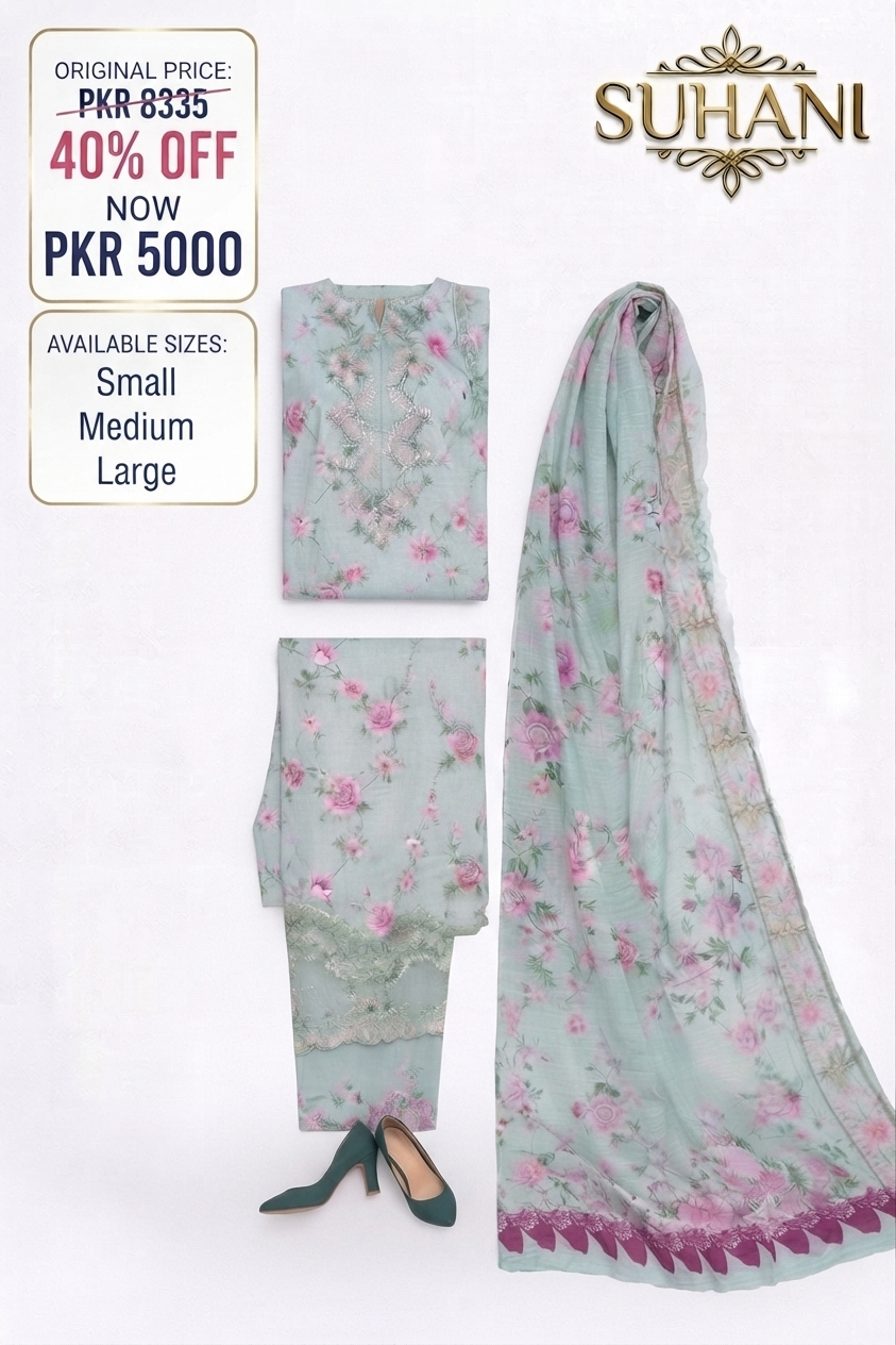 Suhani Clothing — 3-Piece Stitched Lawn Suit | FLAT 40% OFF | Now Rs. 5,000 | S M L