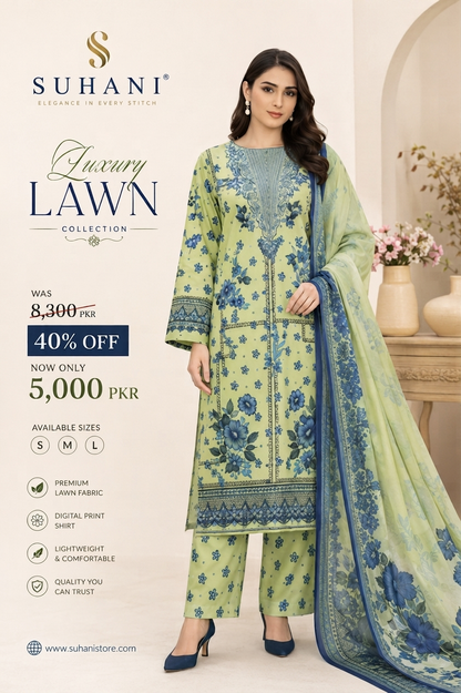 Suhani Clothing — 3-Piece Stitched Lawn Suit | Flat 40% OFF | Ready to Wear | S M L