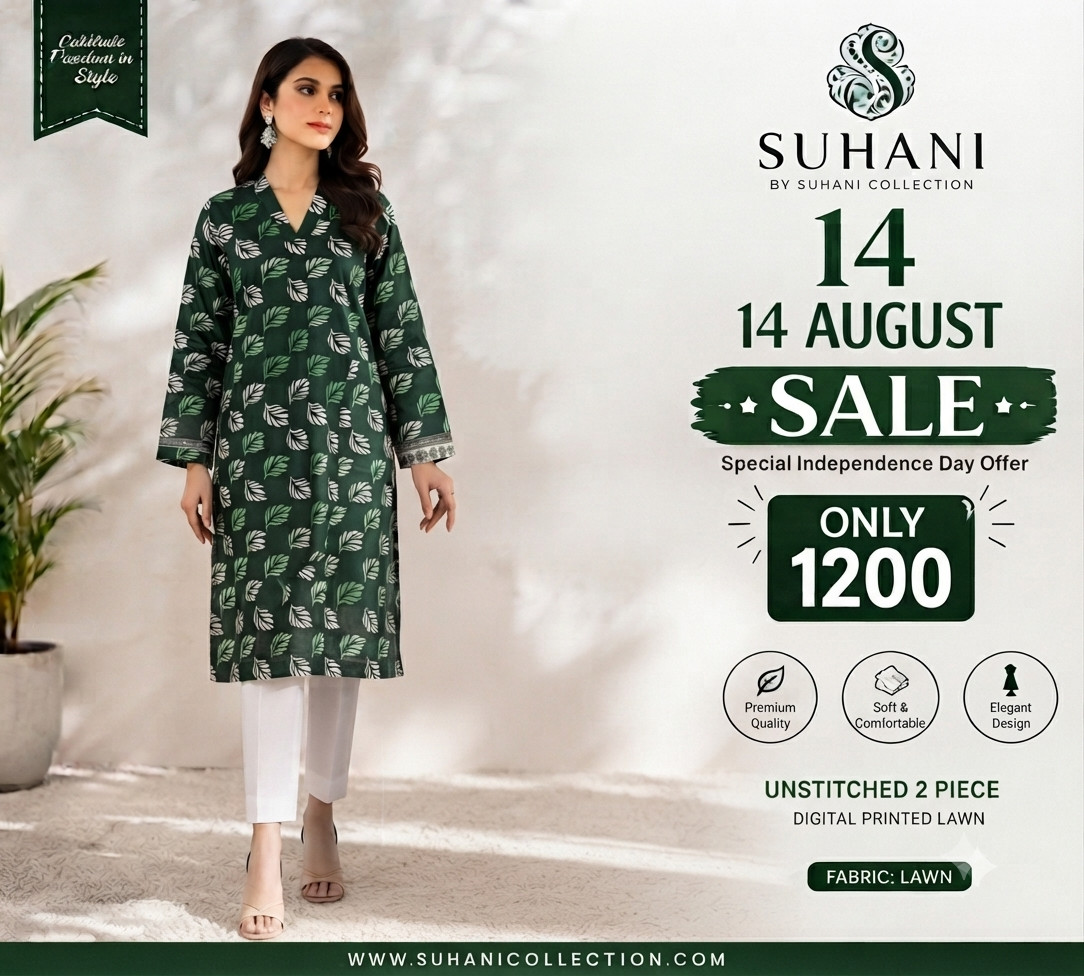 Suhani 2-Piece Unstitched Lawn Suit | Azadi Offer 50% OFF | Only Rs. 1,200