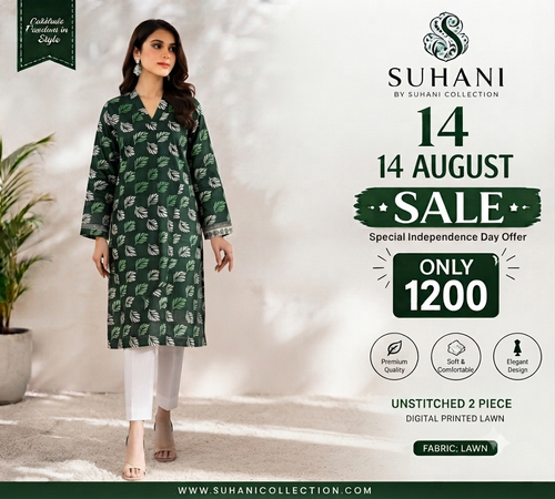 Suhani 2-Piece Unstitched Lawn Suit | Azadi Offer 50% OFF | Only Rs. 1,200