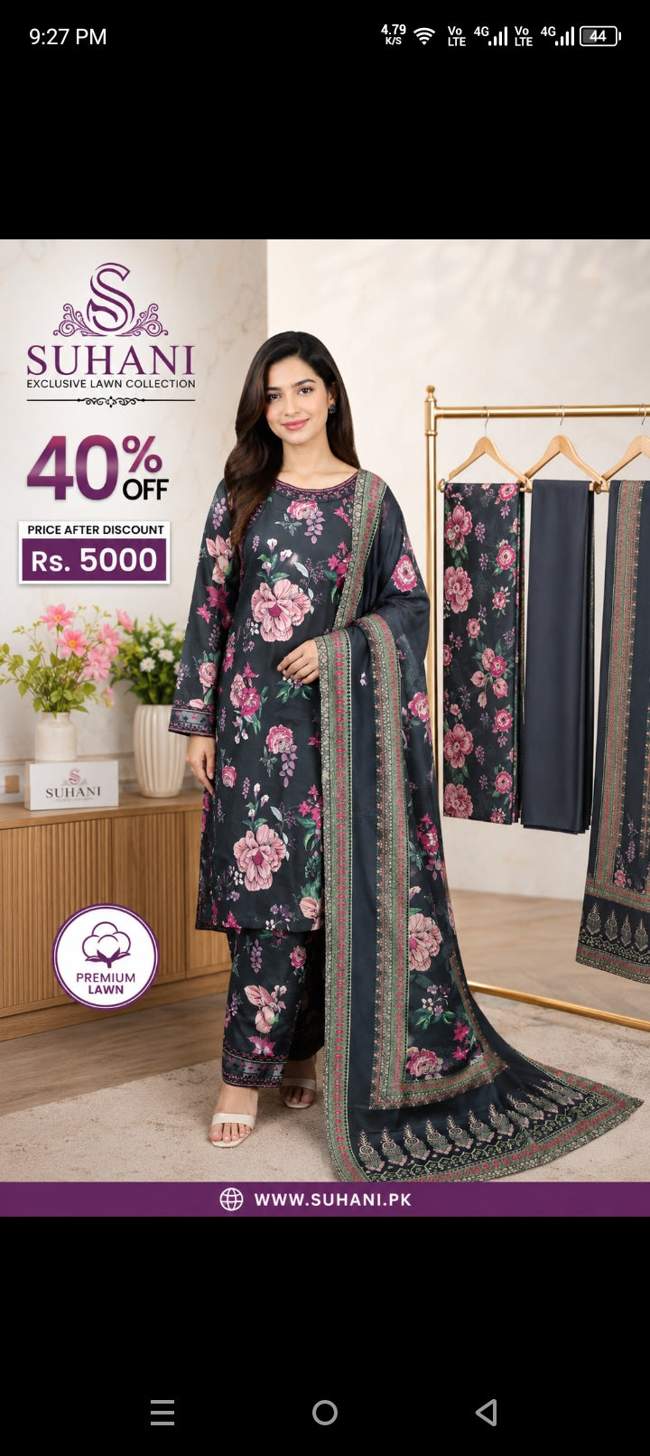 Suhani Clothing — 3-Piece Stitched Lawn Suit | Big Offer Flat 40% OFF | Now Rs. 5000 | S M L