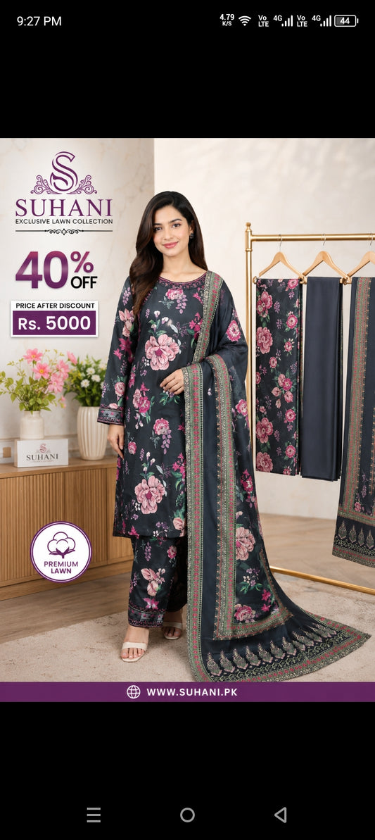 Suhani Clothing — 3-Piece Stitched Lawn Suit | Big Offer Flat 40% OFF | Now Rs. 5000 | S M L
