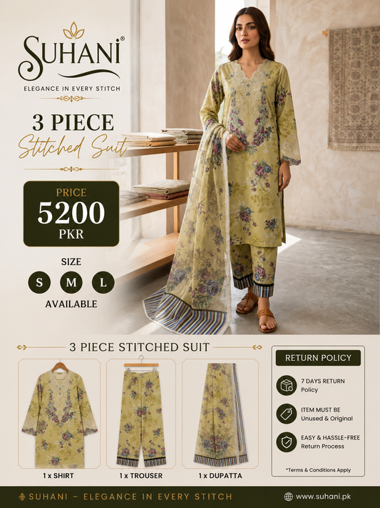 Suhani Premium 3-Piece Stitched Suit | Azadi 40% OFF | Only Rs. 5,200 | S M L