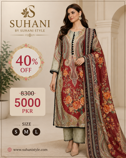 Suhani Clothing — 3-Piece Stitched Lawn Suit | BIG OFFER Flat 40% OFF | Now Rs. 5000 | S M L
