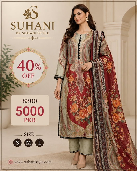 Suhani Clothing — 3-Piece Stitched Lawn Suit | BIG OFFER Flat 40% OFF | Now Rs. 5000 | S M L