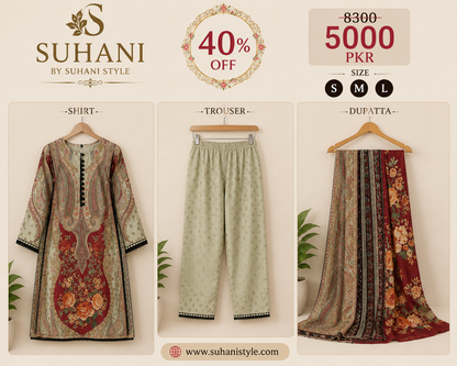 Suhani Clothing — 3-Piece Stitched Lawn Suit | BIG OFFER Flat 40% OFF | Now Rs. 5000 | S M L