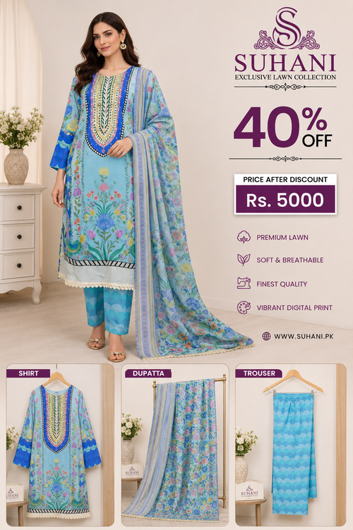 3 Piece Stitched Lawn Suit – 40% OFF (Sizes: S, M, L)